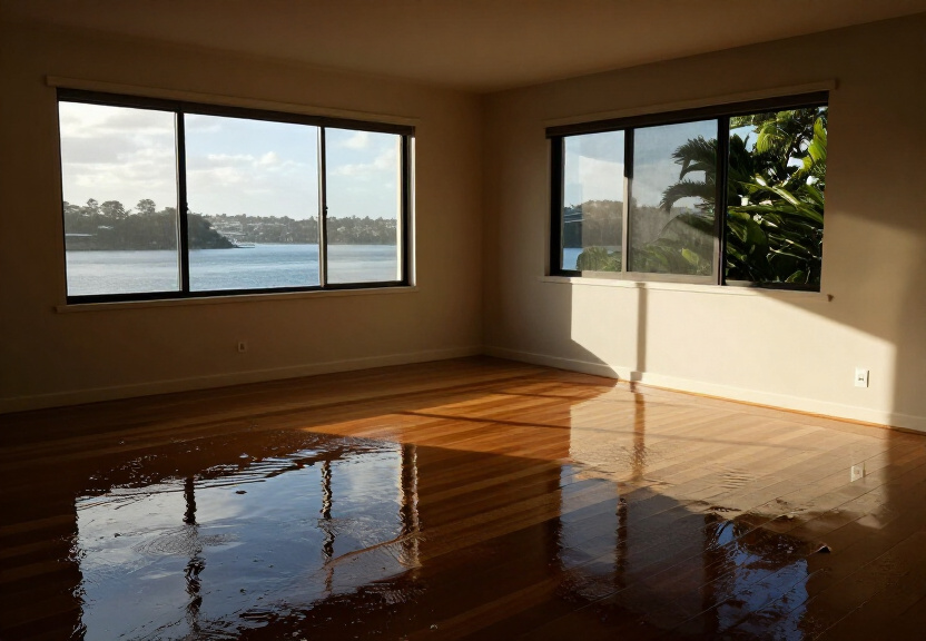 Flooded living room in Helensburgh before restoration